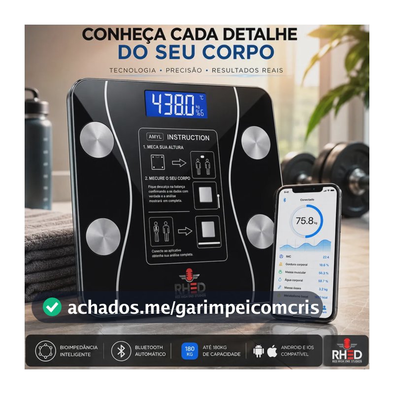 Balança Digital Bioimpedância Profissional smart imc 180kg Bluetooth Corporal Aparelho Alta Capacidade aplicativo App para Android e para IOS Balança De Banheiro Academia