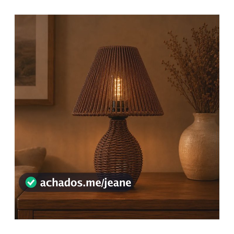 Luminária Mesa Abajur Fibra Natural Cúpula Tecido 220v