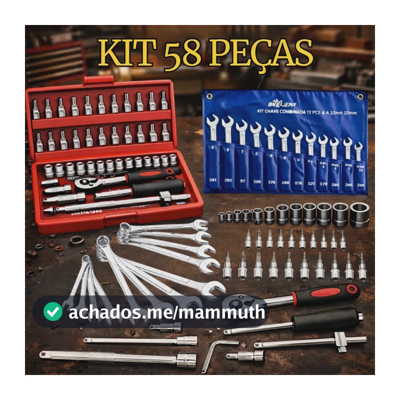 Kit Jogo De Ferramentas 58 Peças Completo Profissional Soquete 46 Peças + Chave Combinada 12 Peças Conserto Carro Moto Casa Oficina Kit Soquetes Com Catraca 46 Peças + Jogo 12 Chaves + Maleta Hexon