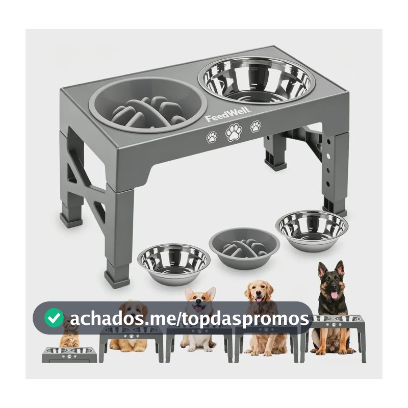 Comedouro Bebedouro Elevado Cão Gato Inox Duplo Altura Cinza Cinza
