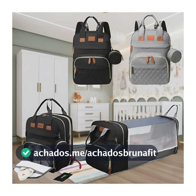 Mochila Bolsa Maternidade Vira Berço Trocador E Mosquiteiro Preto Losango