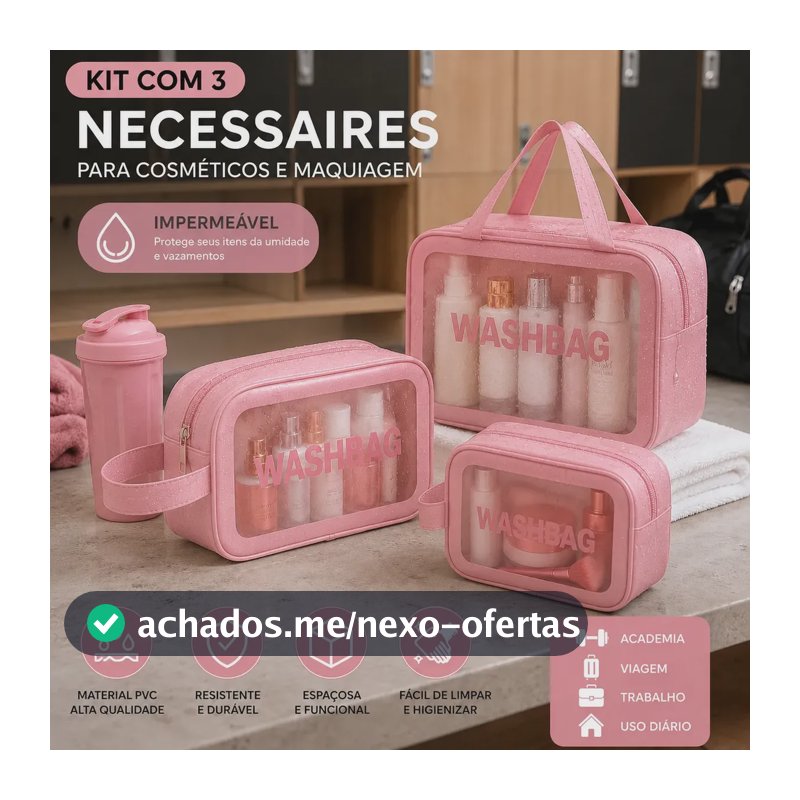 Kit 3 Necessaire Estojo De Toalete Organizador De Malas Kit Maternidade Cosméticos Shampoo Impermeável Ideal Para Áreas Molhadas Viagens Trabalho Academia Material PVC Qualidade Tche Amo Cor Rosa