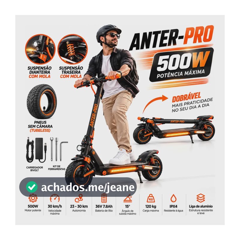 Patinete Elétrico Adulto 500w Dobrável 30km/h Aut Tubeless Laranja