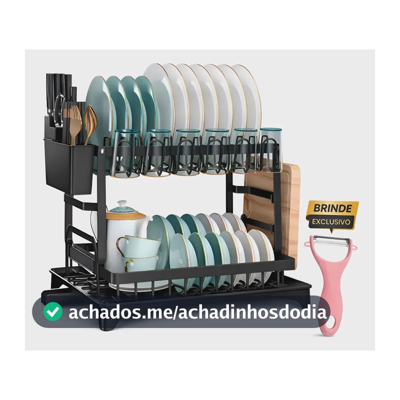Organizador Escorredor 2 Andares Inox Preto Prato Copo Luxo Preto