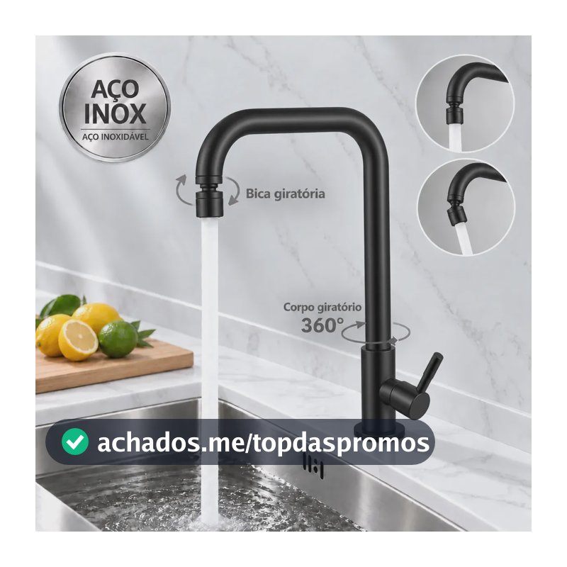Torneira Cozinha Inox Preta Água Fria Bica Alta Giratória Corpo Giratório com Arejador