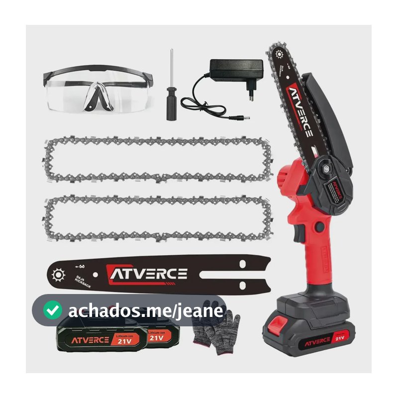 Motosserra Elétrica a Bateria Atverce 21V sem Fio 800W para Podar com 2 Correntes e Kit de Acessórios