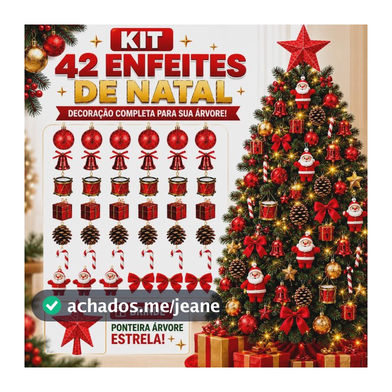 Kit 42 Enfeites Arvore de Natal Completo Decorada Decoração Natalina Acessórios Bolinhas Laços + Ponteira Estrela REVOLUX