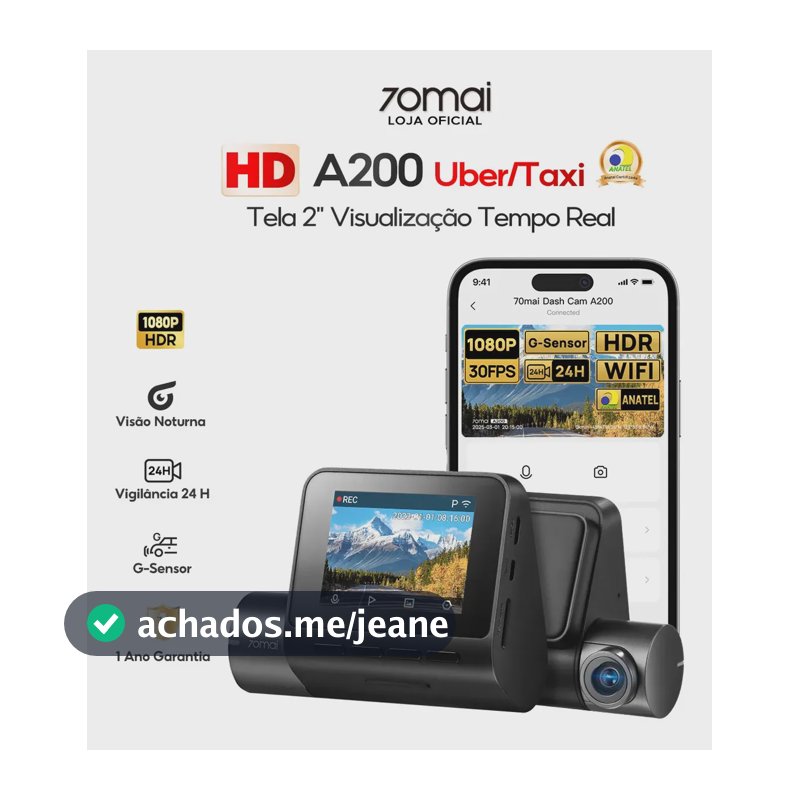 Câmera Veicular Automotiva 70mai A200 2'' Tela HD 1080P Hdr Wifi 60fps Ângulo 130 Camera para Carro 24h Visão Noturna com App G-sensor Vigilância de Estacionamento 24H Gravação de Emergência