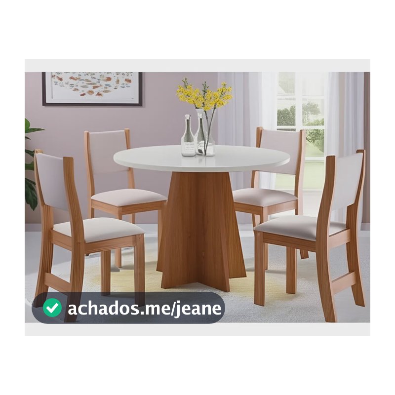 Conjunto De Mesa Vieiro Slin Redonda Com 4 Cadeiras Tampa Linho Pés Amendoa
