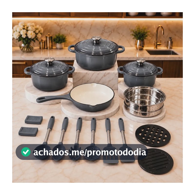 Kit Panelas Ferro Fundido 18 Peças Antiaderente Esmaltada Cinza