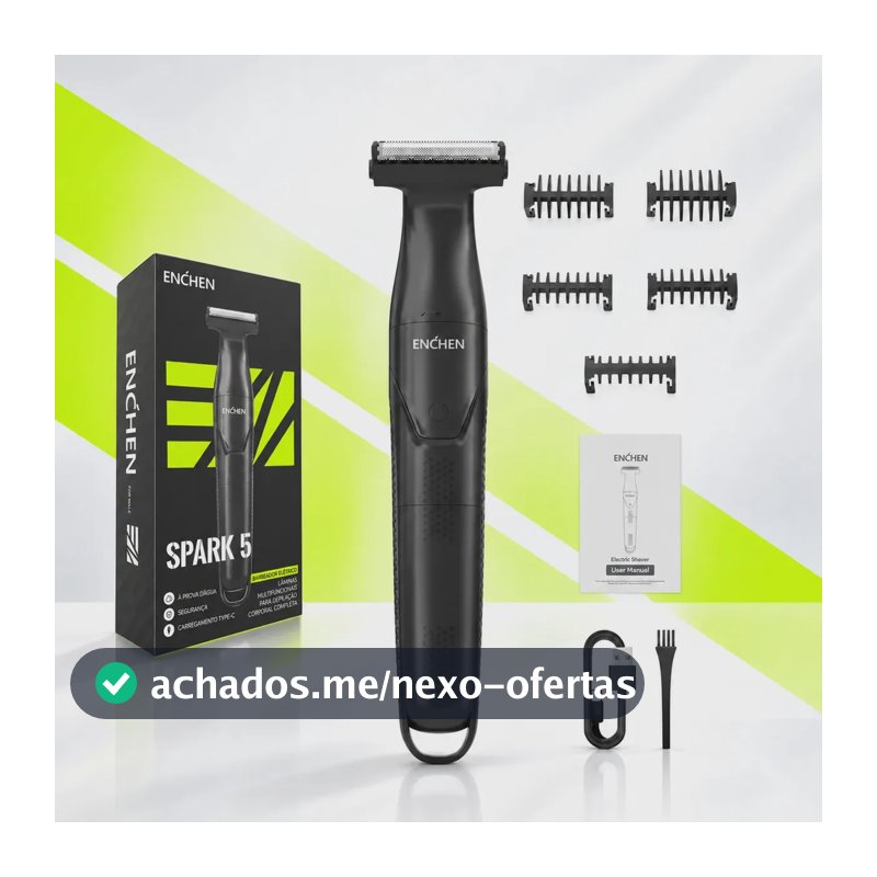 Barbeador Elétrico Enchen Spark 5 Sem Fio 2 em 1 (Barbeador + Aparador), Aparador de Pelos com Uso Seco e Molhado, Lâmina Ultrafina, 90 Min de Autonomia, para Barba e Corpo, 5 Pentes Guia
