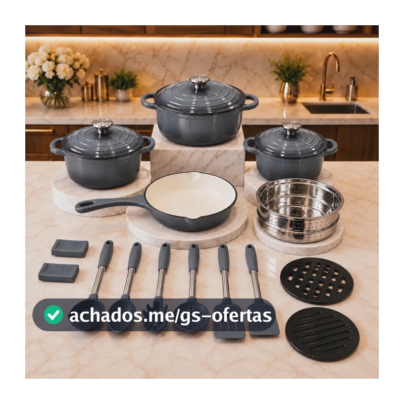 Kit Panelas Ferro Fundido 18 Peças Antiaderente Esmaltada Cinza