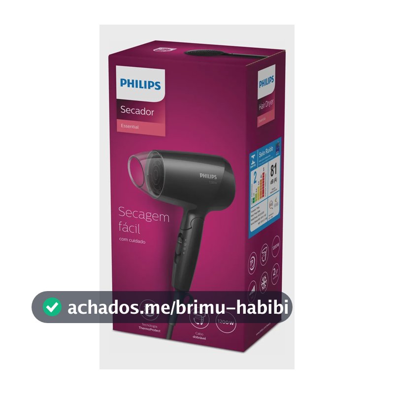 Philips Secador de Cabelo Essential 1200W Compacto com ThermoProtect Secagem prática e suave | Cabo dobrável para viagem | 3 ajustes de secagem | BHC010/81