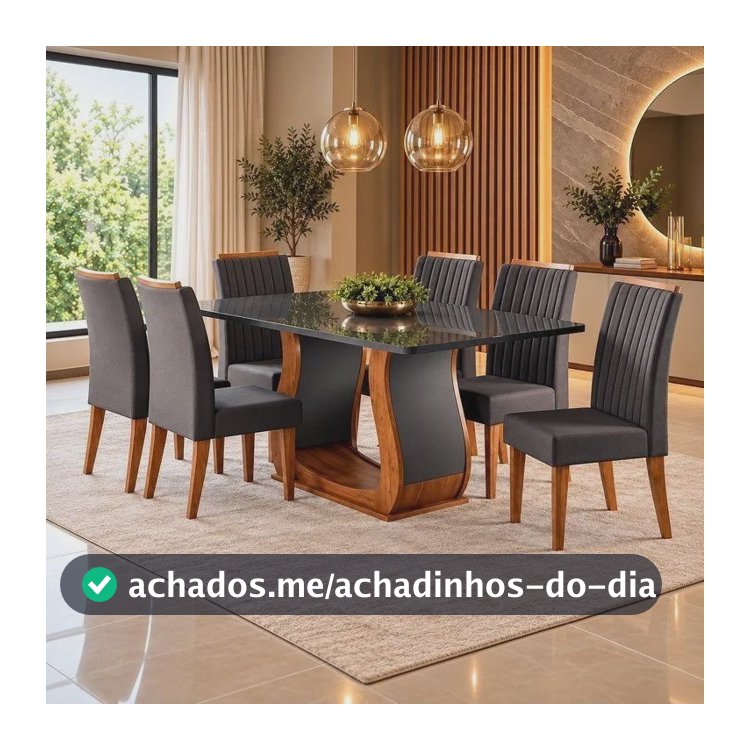 Mesa De Jantar 160x80cm Tampo Com Vidro 6 Cadeiras Fj Mel/cinza
