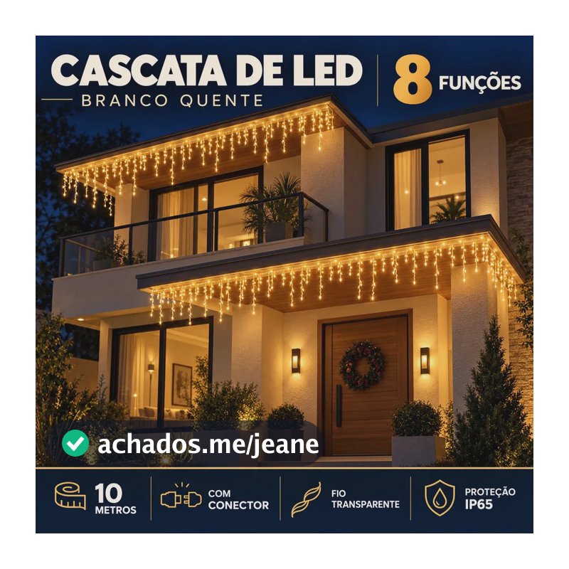10m Cascata 400 Leds 8 Funções Luzes Natal Pisca Prova Dágua Branco-quente 110v