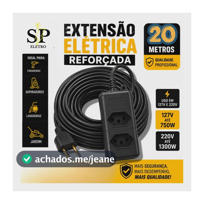 Extensão Elétrica Reforçada 20 Metros 10/20a Obra Profissional Tomada Em Barra Preto Eletro Sp