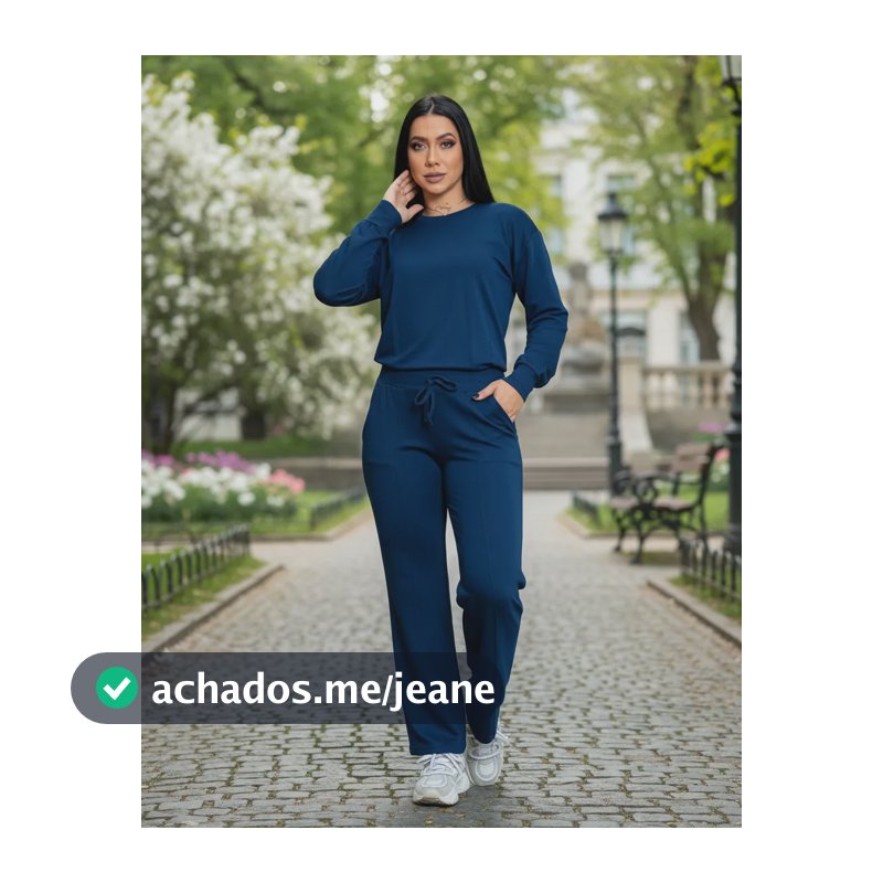 Conjunto Feminino Moletinho Blusa De Frio E Calça Pantalona Azul-marinho Lisa Gg