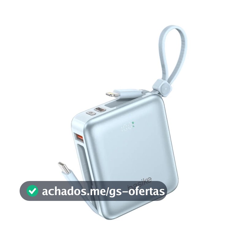 Carregador Portátil Power Bank Basike Turbo Carga 10000mAh 22.5W Rápido 3 Saídas LED Display Rápido Cabos Embutidos Tipo C com iPhone Android Samsung XiaoMi - Azul