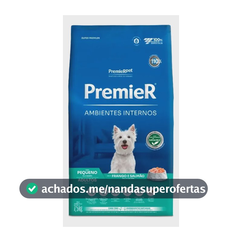 Ração Premier Ambientes Internos Cães Adultos Raças Pequenas Frango e Salmão 7,5 kg