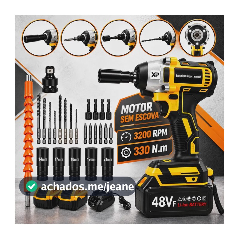 Chave De Impacto Com 2 Baterias Furadeira Parafusadeira Profissional Torque 330 Nm 0-3200 Rpm Velocidade Variável Carregador Bivolt Motor Brushless Com Acessórios E Maleta CNC DO BRASIL