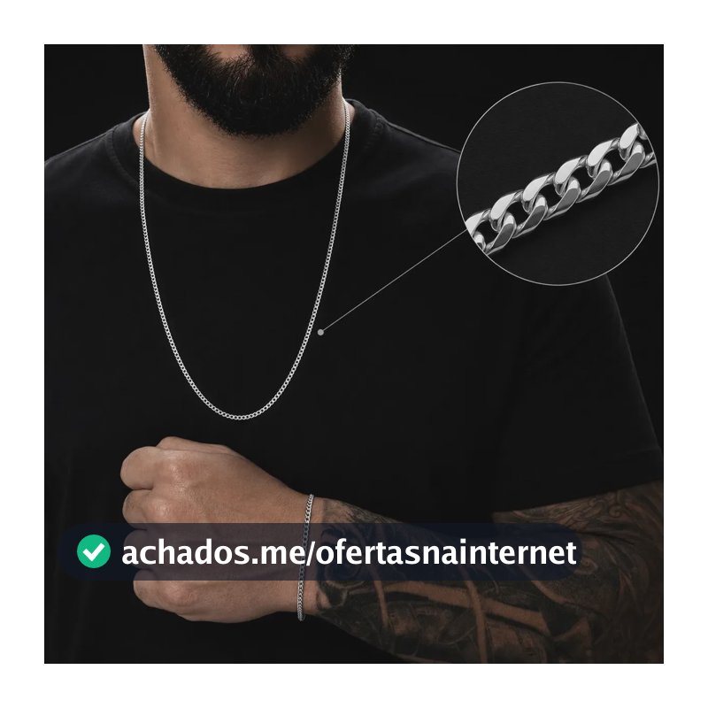 Corrente Cordão Masculino Grumet Aço Inox + Pulseira Conjunto Kit Colar 70cm Correntinha Masculina Para Presente Cor Prateado Prata Gourmet Inoxidável Fina Minimalista Legítima Escama De Peixe 1x1