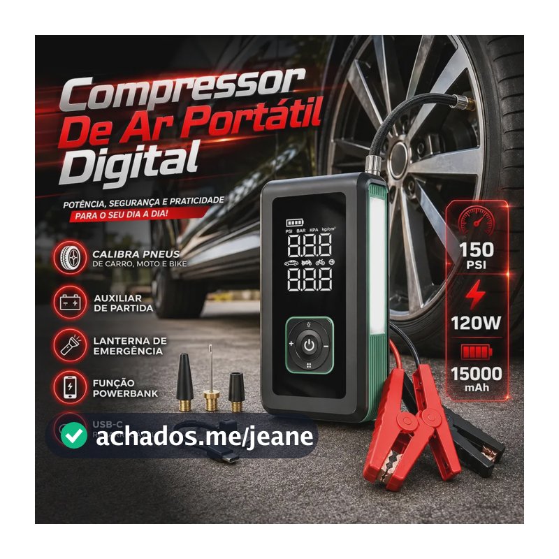 Compressor de Ar Digital Portátil para Carro com Auxiliar de Partida e Powerbank