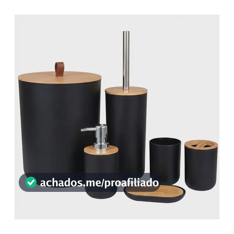 Kit Conjunto Banheiro 6 Peças Lixeira Com Tampa Bambu Plástico Organizador Decoração Lavabo Suporte Sabonete Liquido Escova De Dente Lixo Escova De Vaso Sanitario Preto Shokki