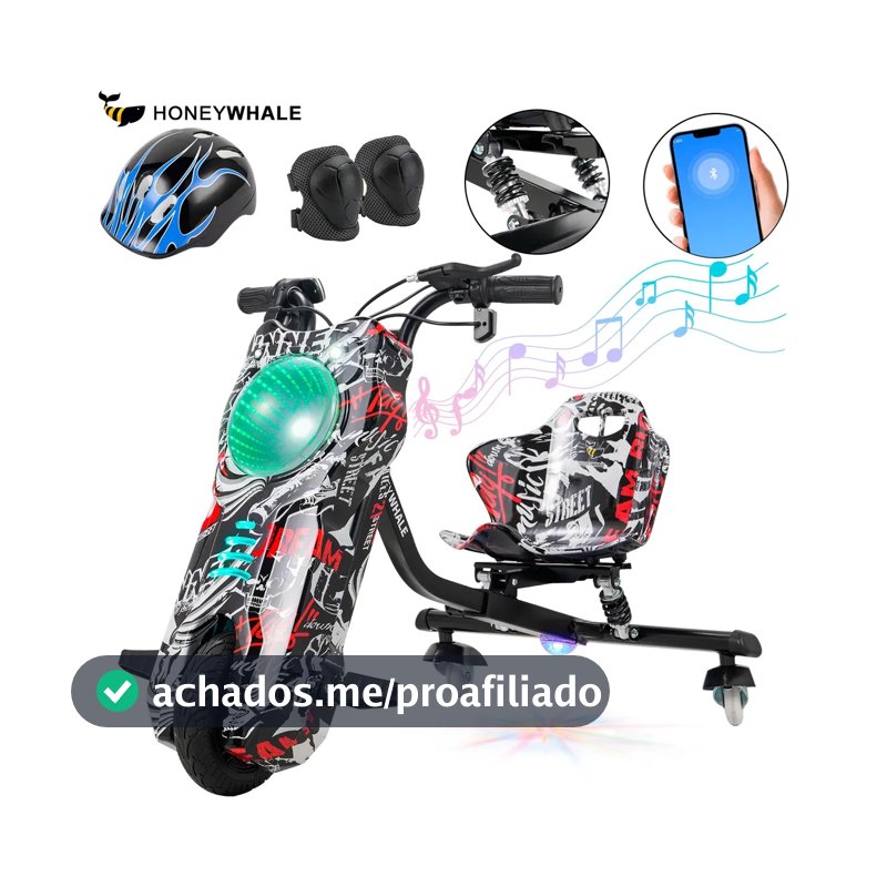 Honeywhale 007B Triciclo Elétrico Drift Infantil, 350w-75min-15km-70kg-20km/h, Com Bluetooth E LED, Com Suspensão, Pneu 8", Adequada Para Crianças De 5 A 12 Anos, Honey Whale (36v, 3.6ah) Preto
