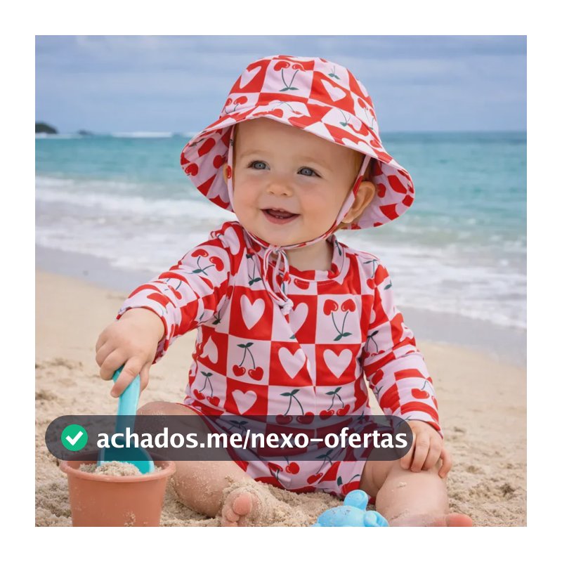 Kit Macacão + Chapéu Estampado Praia Verão Menino/meninauv50 Desenho Do Tecido Cereja Tamanho 12-18 M