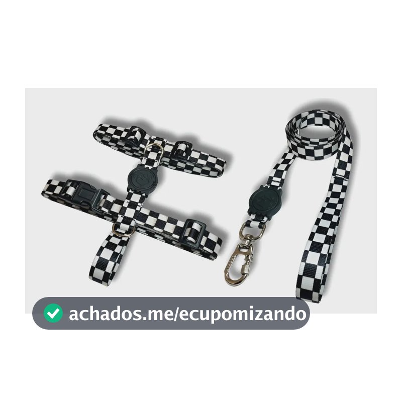 Kit Coleira Peitoral H Antipuxão E Guia Tamanhos Xadrez P