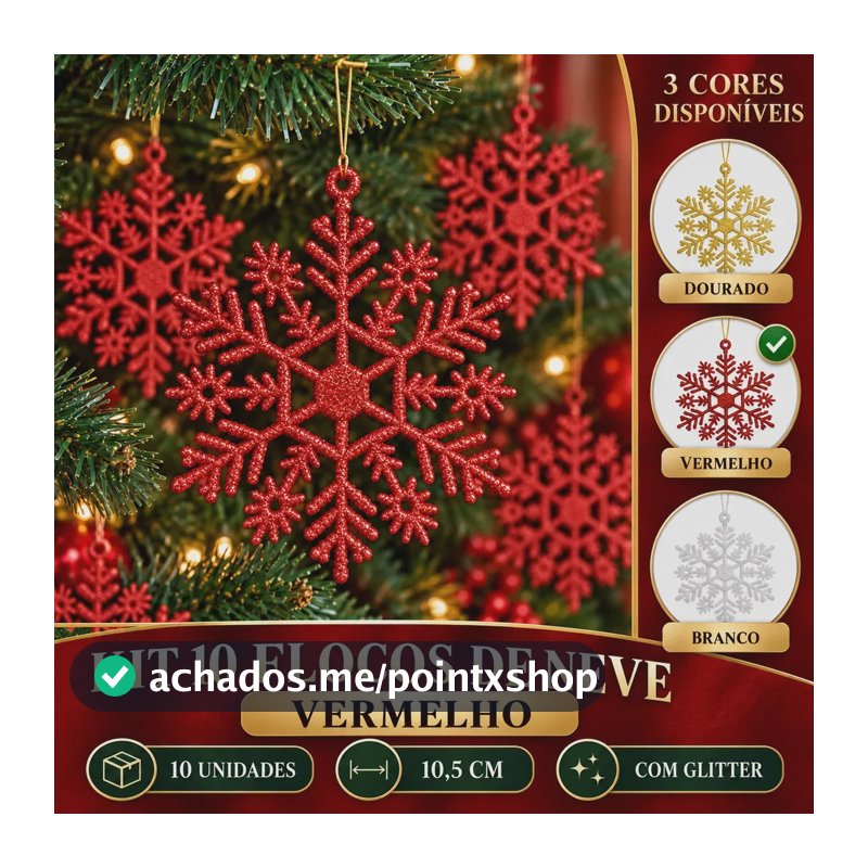 Flocos De Neve 10 Pingentes Grande C/ Glitter Decoração Enfeite Árvore Natal Luvinco Vermelho