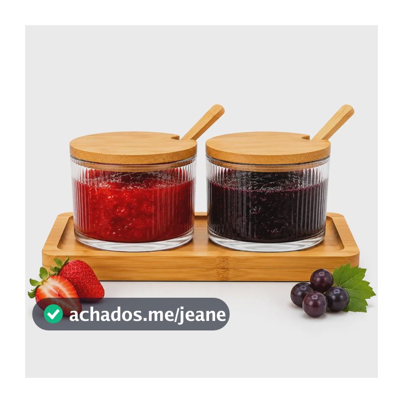 Kit Potes Vidro Canelado 200ml Tampa Colher Bambu Geleia Mel Açúcar Temperos Condimentos Porta Mantimentos Mesa Posta Café Manhã