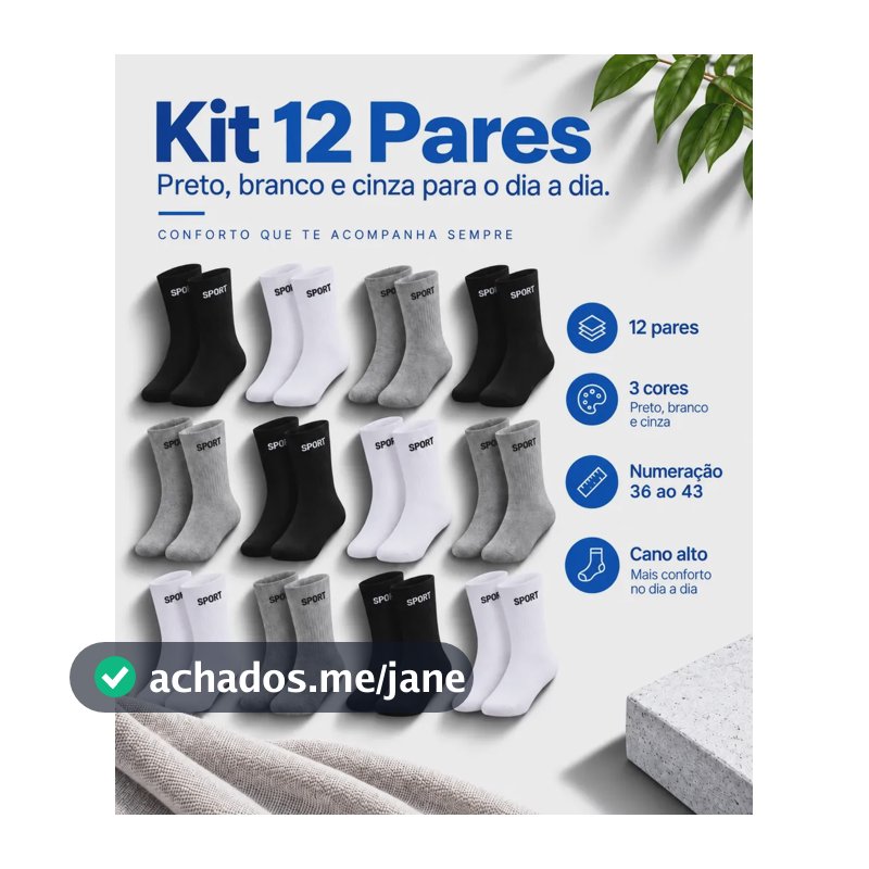 12 Pares De Meias Masculinas Cano Alto Grossa Algodão Oferta Branco/preto/cinza Cano Alto 36/43