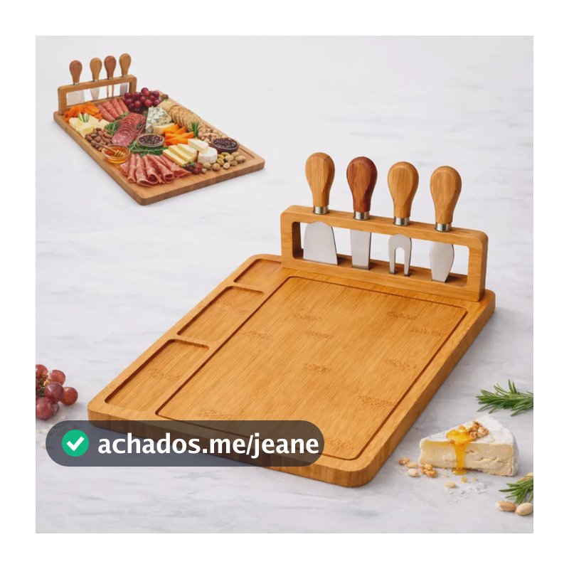 Kit Tábua De Frios E Queijos Grande Bambu 40cm + Jogo De Facas 4 Peças Petisqueira Para Servir Mesa Posta Gourmet Encontro Familiar Romântico Premium E Ecológica
