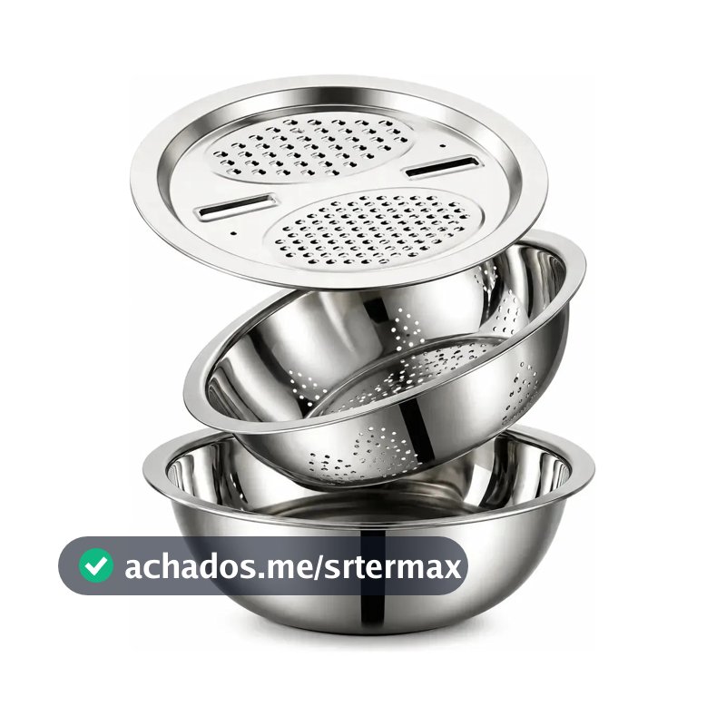 Kit Tigela Inox 6 em 1 com Escorredor e Ralador Cortador Bowl Multifuncional Macarrão Alimentos