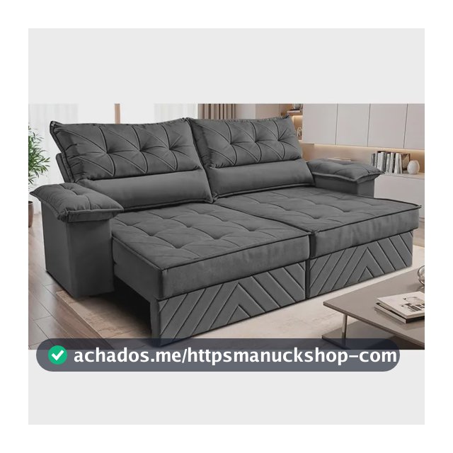 Sofá Retrátil 2,40m Molas E Espuma D33 Thunder. Cama Inbox Cinza Liso
