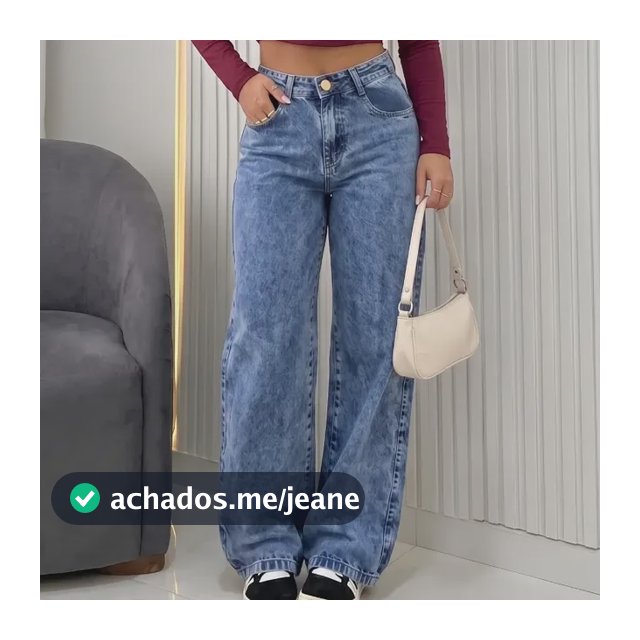 Calça Jeans Wide Leg Feminina Pantalona Cintura Alta Casual Azul Marmorizado 38