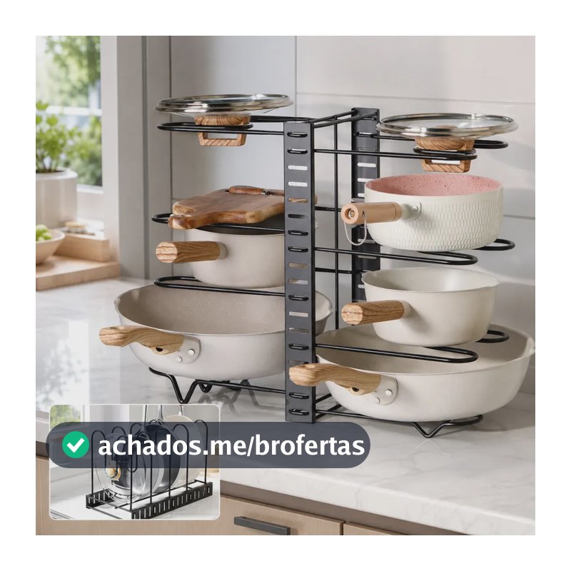 Organizador de panelas e frigideiras ajustável, prateleira de cozinha de 8 camadas, cor preta, 3 métodos de bricolage
