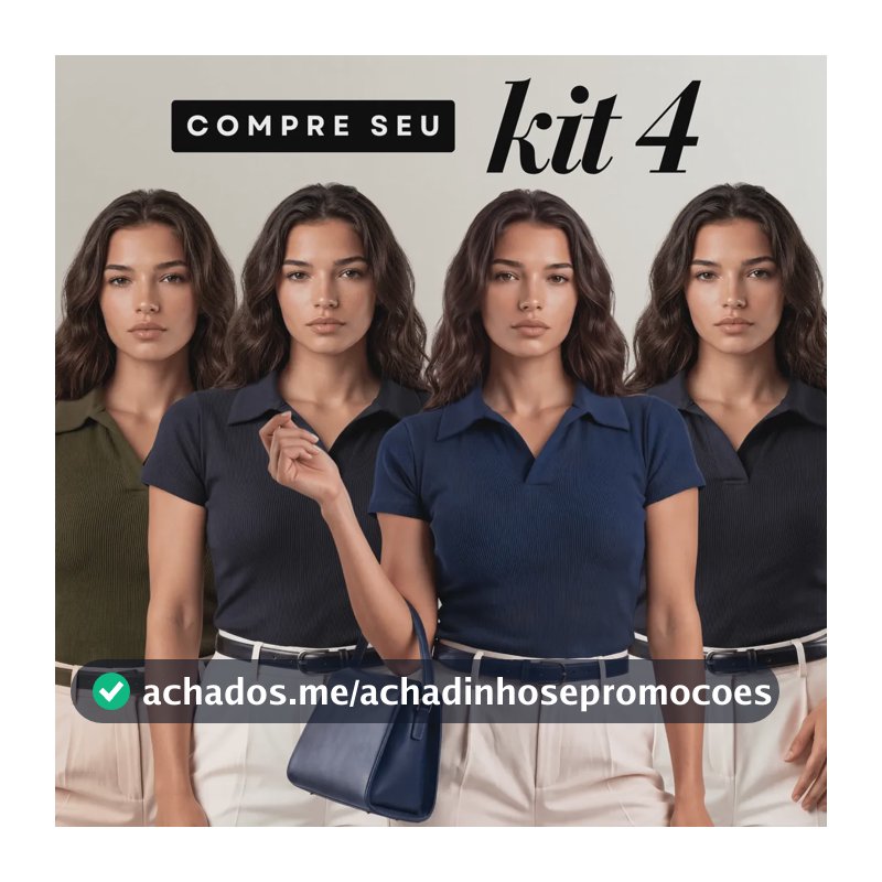 Kit 4 Camisa Gola Polo Feminina Canelada Manga Curta Lisa Dois Pretos Verde E Azul G/gg (44/48) Liso