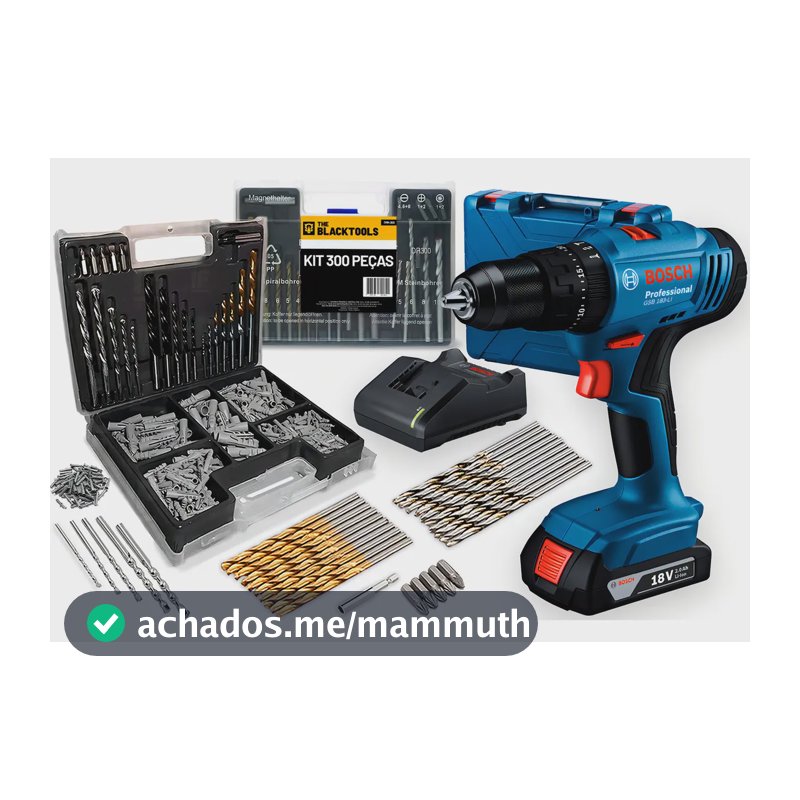 Parafusadeira E Furadeira De Impacto Bosch A Bateria 18v Maleta - Gsb 183-li Com Kit Brocas Buchas E Bits 300 Peças