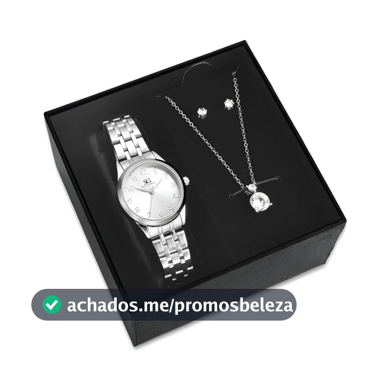 Kit Relógio Colar E Brincos Ponto De Luz Feminino Luxo Silver Saint Germain Presente Original Joias Prata Elegante Clássico 28mm