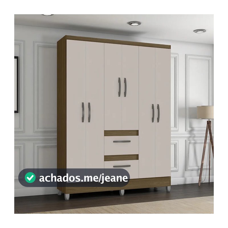 Guarda Roupa Solteiro 6 Portas 2 Gavetas Capri Poquema Cor Castanho/off White