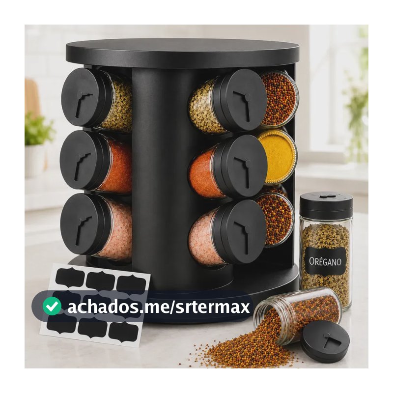 Porta Temperos Condimentos 9 Unidades Potes Vidro Base Giratória Preto Organizador Cozinha Dosador Sólar