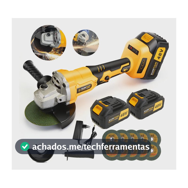 Esmerilhadeira Elétrica Angular Lixadeira 48v XUMTOM Potente Sem Fio Fácil Corte 2 Baterias 10 Lâminas