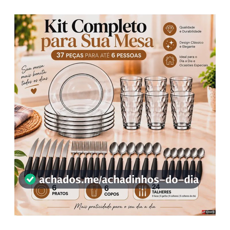 Aparelho de Jantar Sforte com 37 Peças, Pratos e Copos de Vidro, Talheres de Aço Inox e Porta-Talheres Organizador