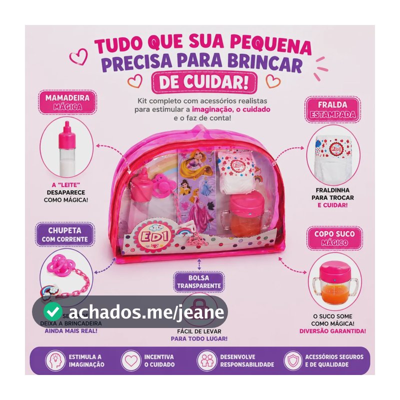 Fralda Boneca Kit Chupeta Mamadeira Magica Suco Bolsa Menina