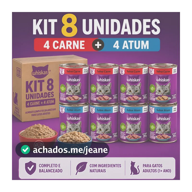 Ração Whiskas Sachê Kit 8 Latas Gato Patê Atum E Carne 290g
