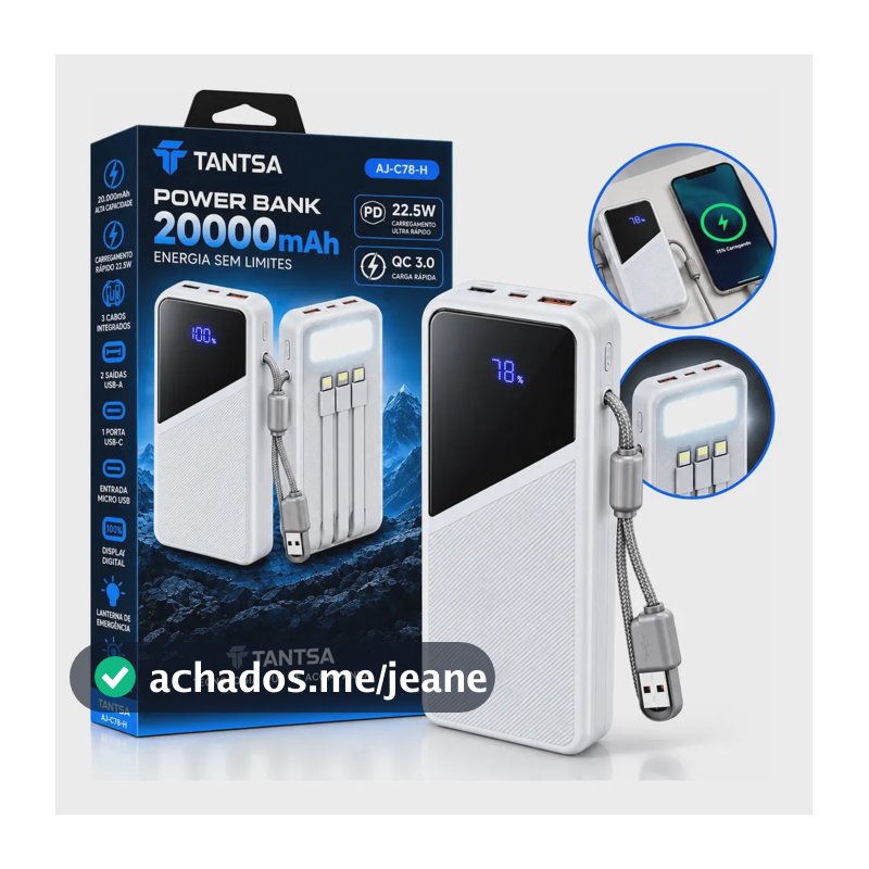 Power Bank Tantsa 20000mAh Turbo com Cabos e Lanterna para iPhone e Android