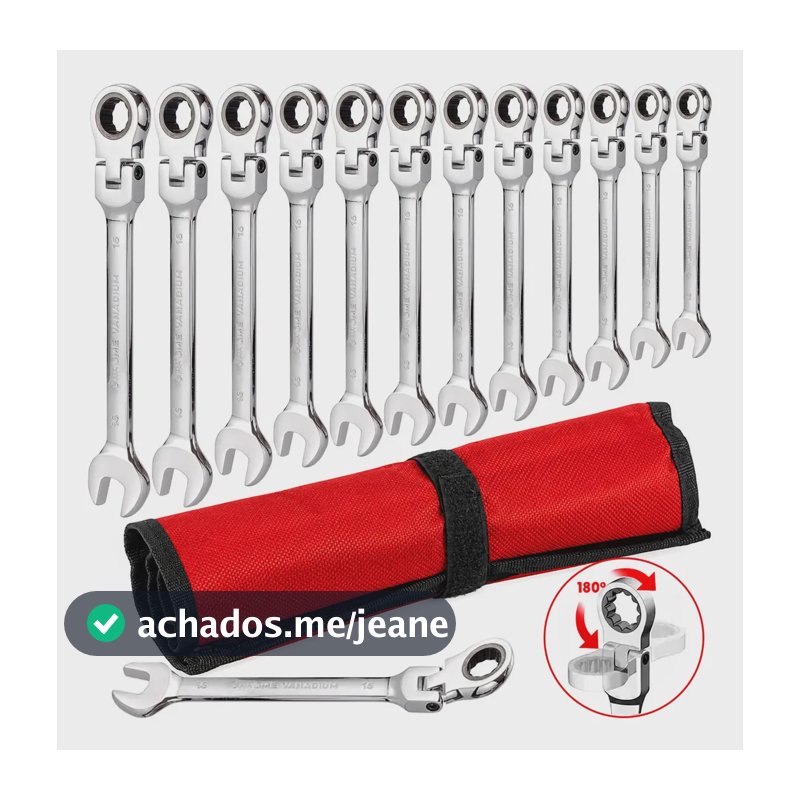 Jogo 12 Chaves Combinadas Catraca Cabeça Móvel 180° 8 - 19mm Prateado