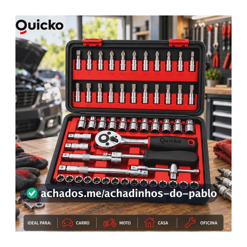 Kit Ferramentas 46 Peças Jogo Chaves Catraca Soquetes Allen Torx Fenda Phillips Maleta Completa Manual Mecânico Manutenção Casa Carro Oficina Profissional ajustes e reparos diversos montagens Quicko